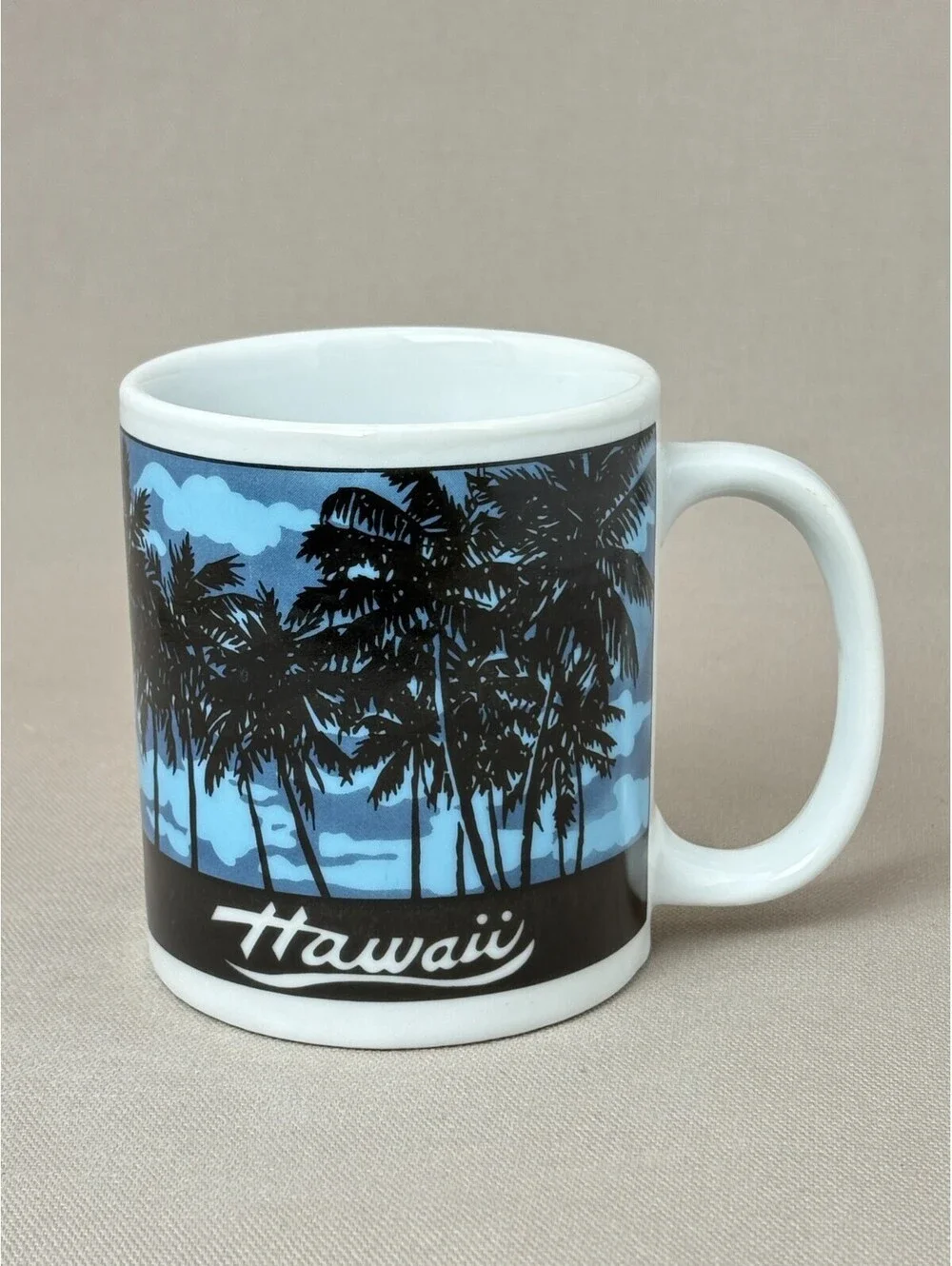Vintage Hawaii Souvenir Coffee Mug Palm Trees Tropical Island Ceramic Blue Cup